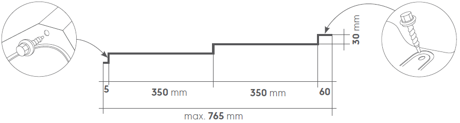 Secţiune longitudinală a modulului de ţiglă metalică (vedere laterală) Nordica