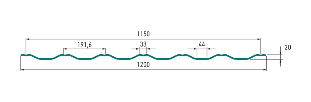 Secţiune transversală a modulului de ţiglă metalică Flamenco (vedere frontală)
